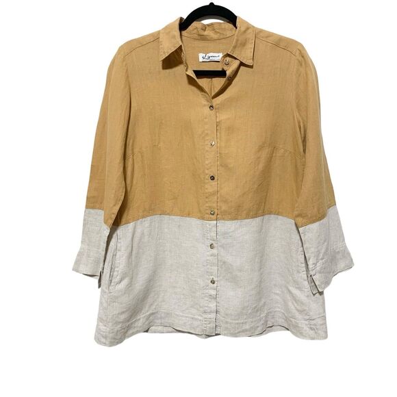 I Linen Lifestyle Classic Button Down Two Tone Caramel Natural Side Pocket Small - Picture 2 of 11